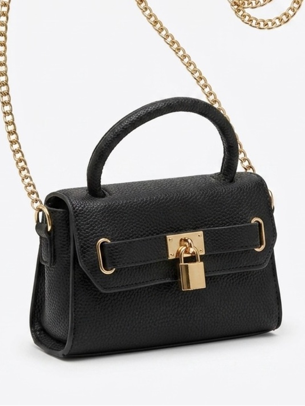 Black Leather Crossbody Top-Handle Bag with Gold Hardware